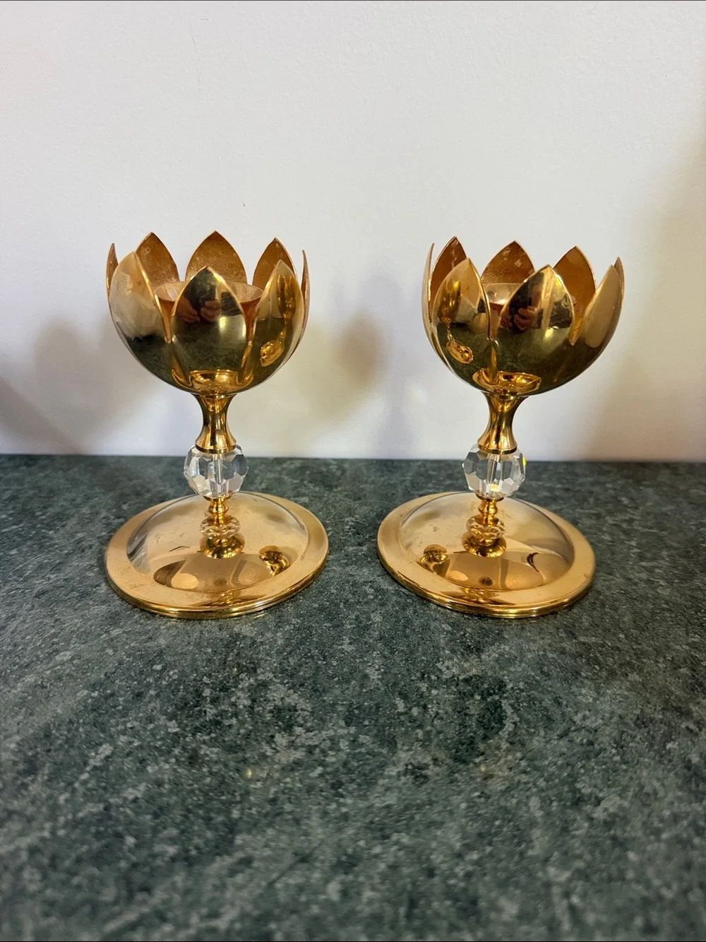 Brass and crystal glass candle holders Tulip Style Shape Set of 2